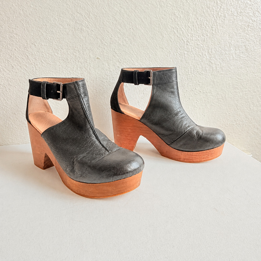 Free People Boho Leather Wedge Clogs Chunky Wood Platform Cutout Shoes 7
